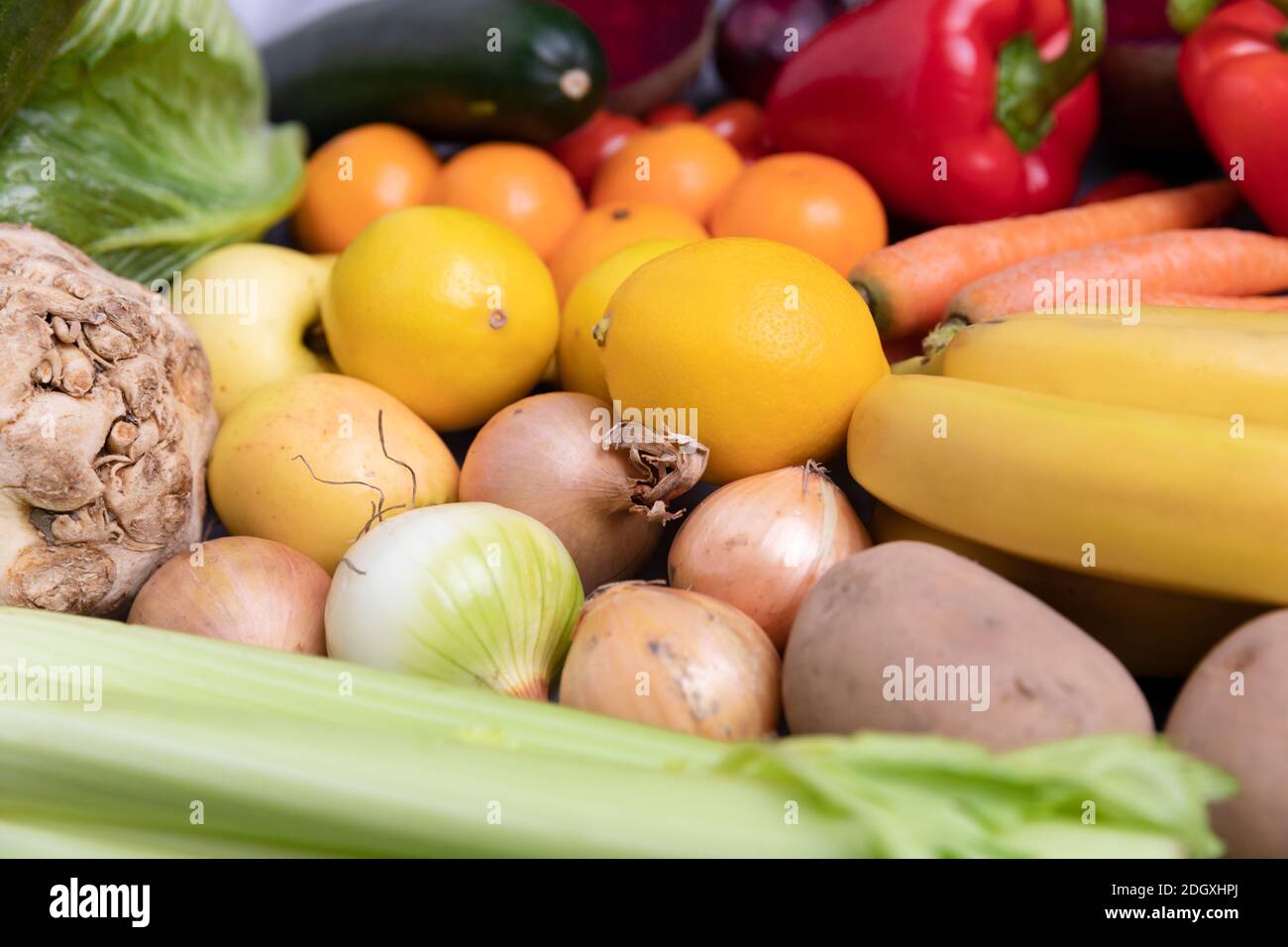Healthy vegetables on a gray background with copy space. Banner Online shop concept. Stock Photo