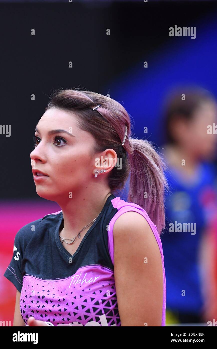 Romanian table tennis player Bernadette Szocs plays against Chinese