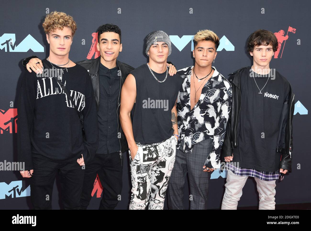 Brady Tutton, Drew Ramos, Chance Perez, Sergio Calderon and Conor Smith of the band In Real Life arriving at the MTV Video Music Awards 2019, held at the Prudential Centre in Newark, NJ. Photo credit should read: Doug Peters/EMPICS Stock Photo