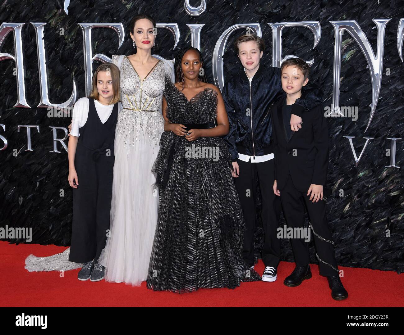 Vivienne Marcheline Jolie-Pitt, Angelina Jolie, Zahara Marley Jolie-Pitt, Shiloh Nouvel Jolie-Pitt and Knox Jolie-Pitt attending the European premiere of Maleficent: Mistress of Evil, held at the Odeon IMAX Waterloo, in London. Picture credit should read: Doug Peters/EMPICS Stock Photo