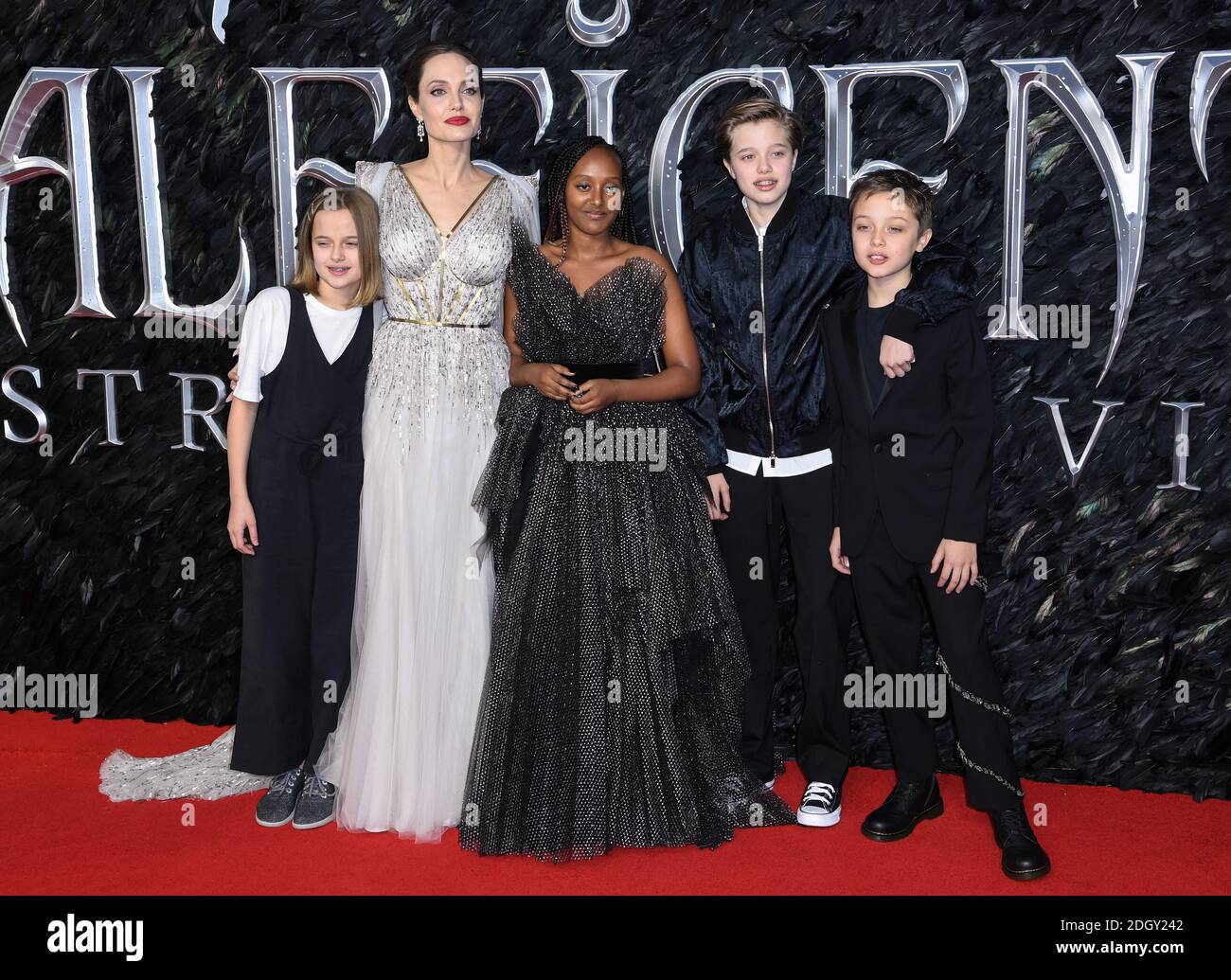 Vivienne Marcheline Jolie-Pitt, Angelina Jolie, Zahara Marley Jolie-Pitt, Shiloh Nouvel Jolie-Pitt and Knox Jolie-Pitt attending the European premiere of Maleficent: Mistress of Evil, held at the Odeon IMAX Waterloo, in London. Picture credit should read: Doug Peters/EMPICS Stock Photo