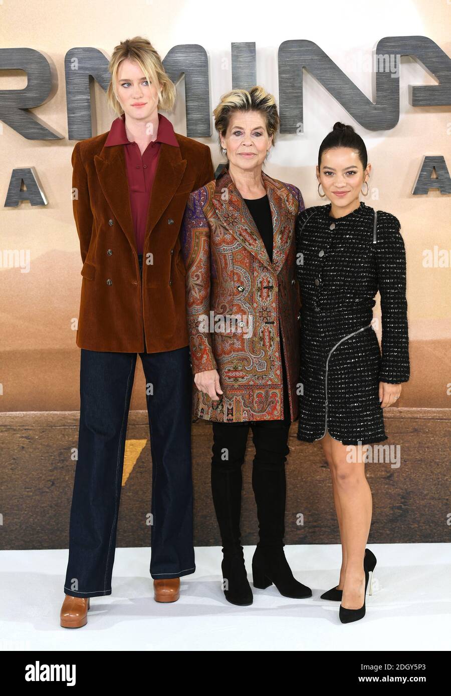 Mackenzie Davis Linda Hamilton And Natalia Reyes Left To Right Attending The Terminator Dark Fate Photocall At The Mandarin Oriental Hotel London Stock Photo Alamy