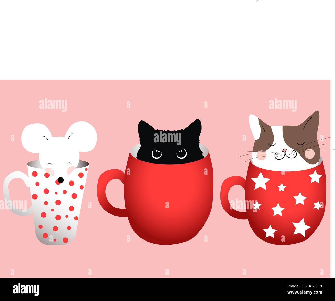Composition of three cups with cats and a mice inside. Vector Stock Vector