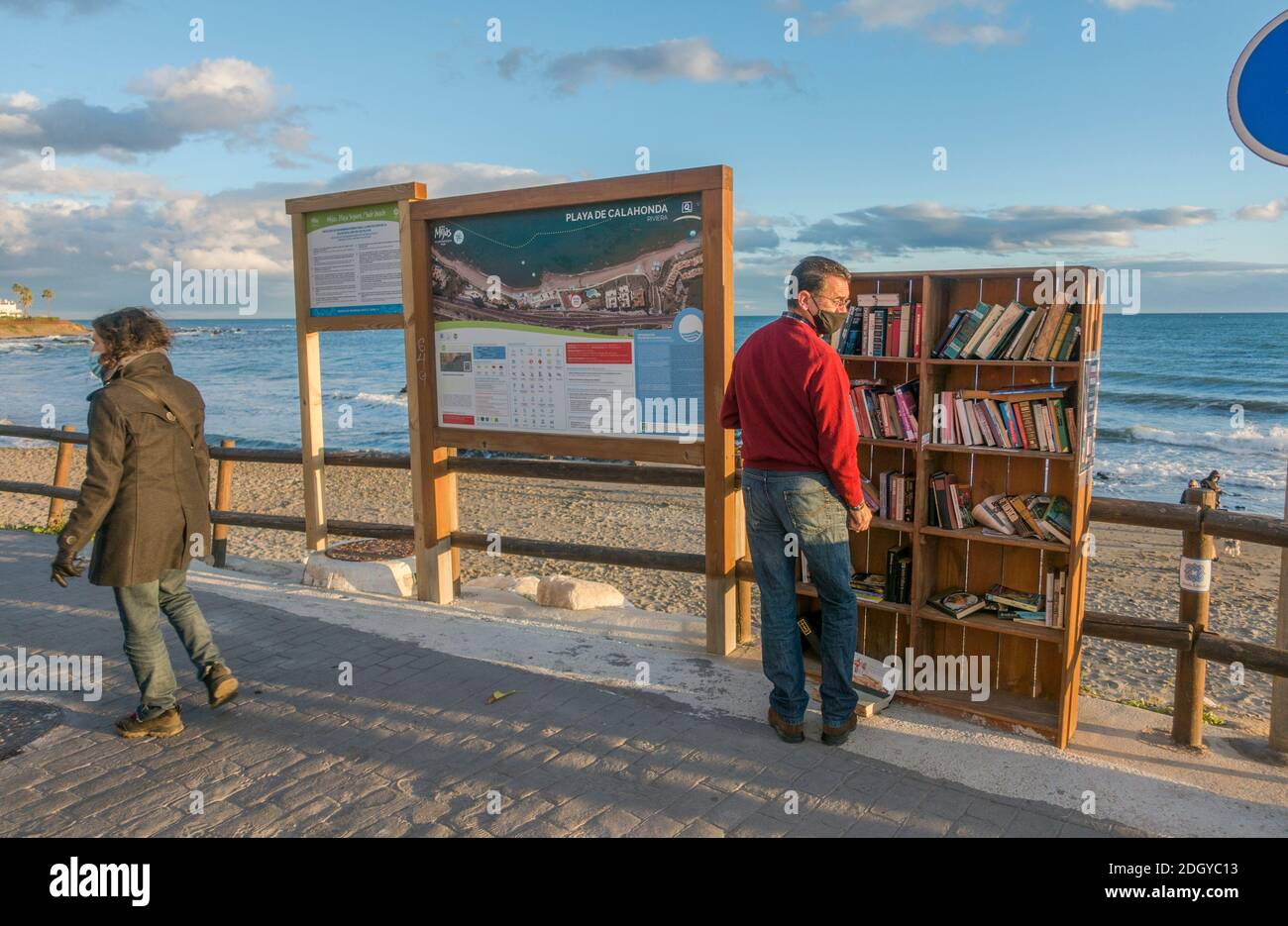 Library outdoors, Book exchange at the beach of La Cala de Mijas, Spain Stock Photo