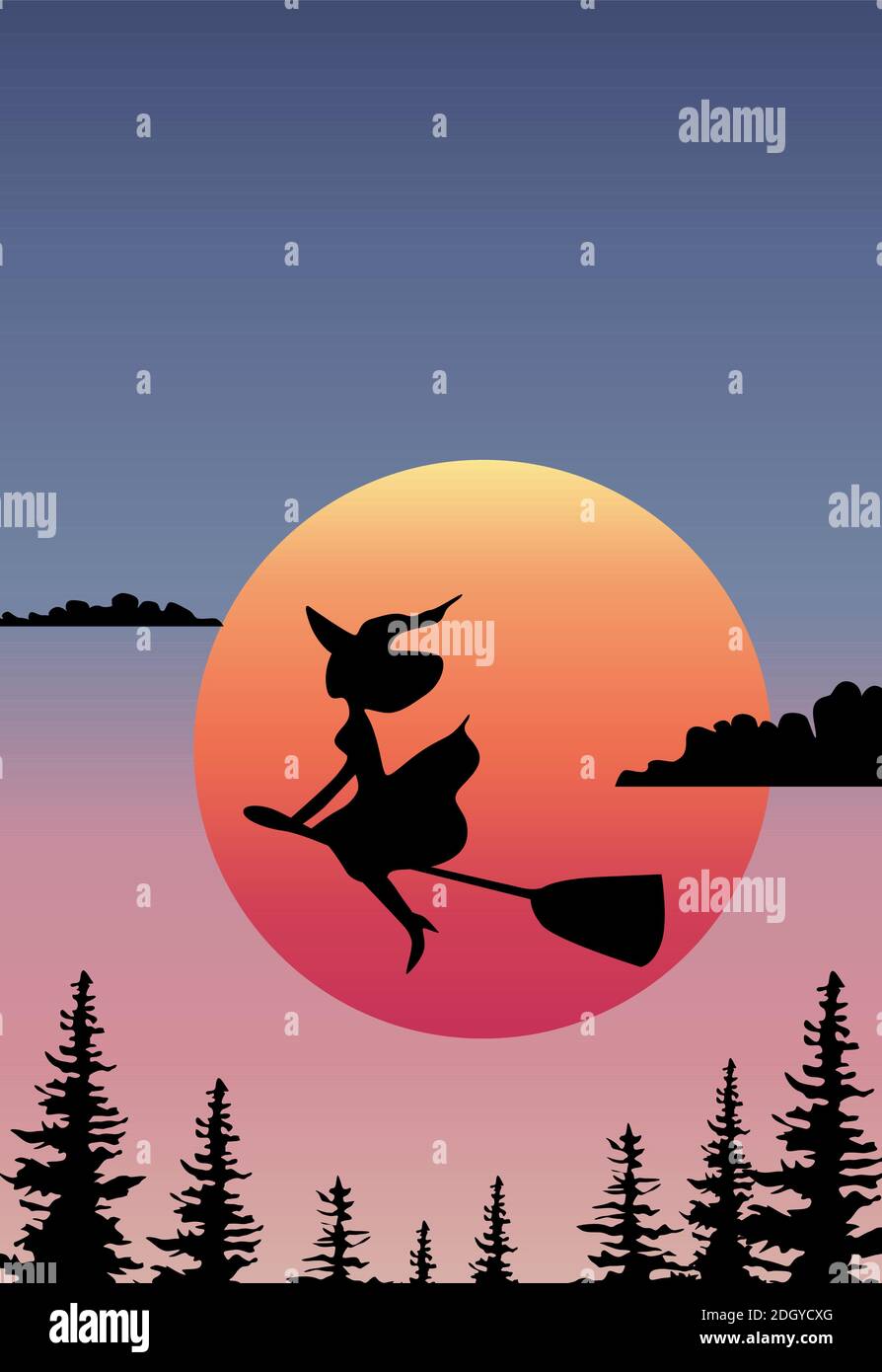 Composition of a witch flying on the broom in front of the rising sun ...
