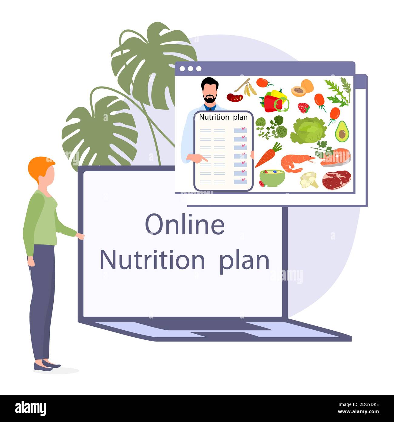 Vector illustration Nutrition Consultant Online explains diet to human