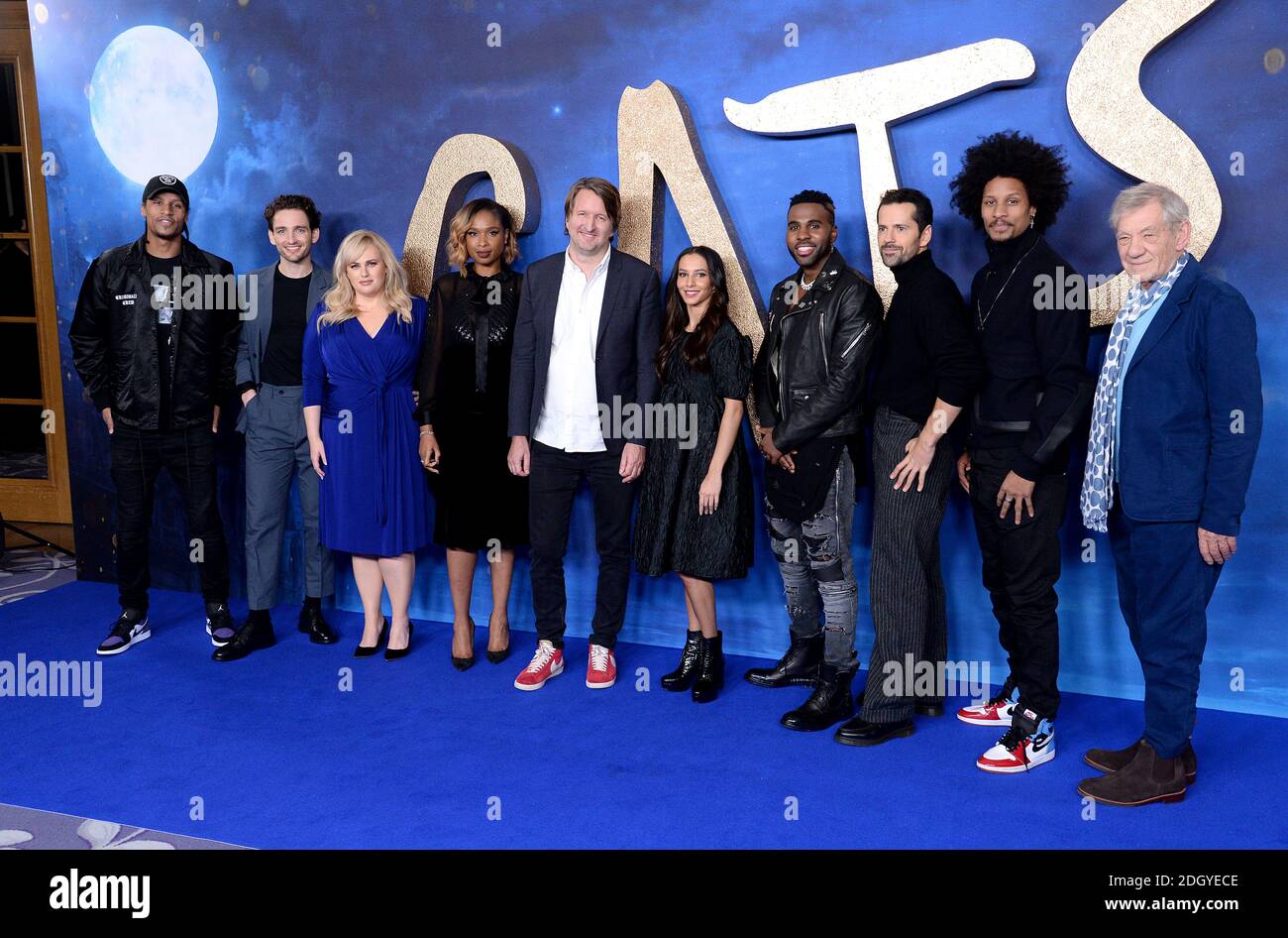 Larry Bourgeois (left to right), Laurie Davidson, Rebel Wilson, Jennifer Hudson, Tom Hooper, Francesca Hayward, Jason Derulo, Robbie Fairchild, Laurent Bourgeois and Sir Ian McKellen attending the Cats photocall at The Corinthia Hotel, London Stock Photo