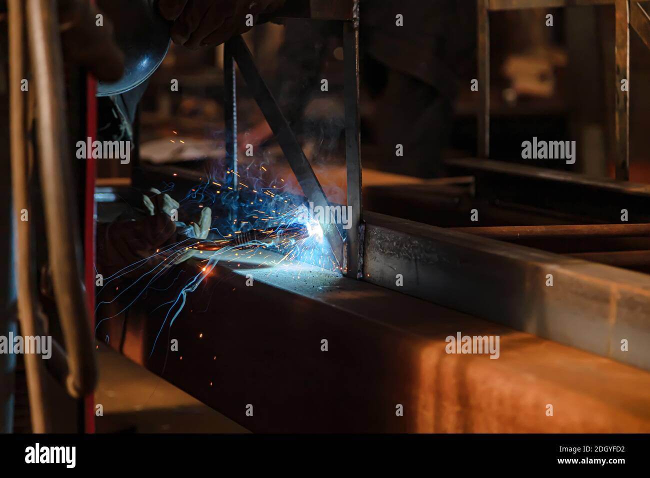 Welding of metal structures using semi-automatic weld Stock Photo