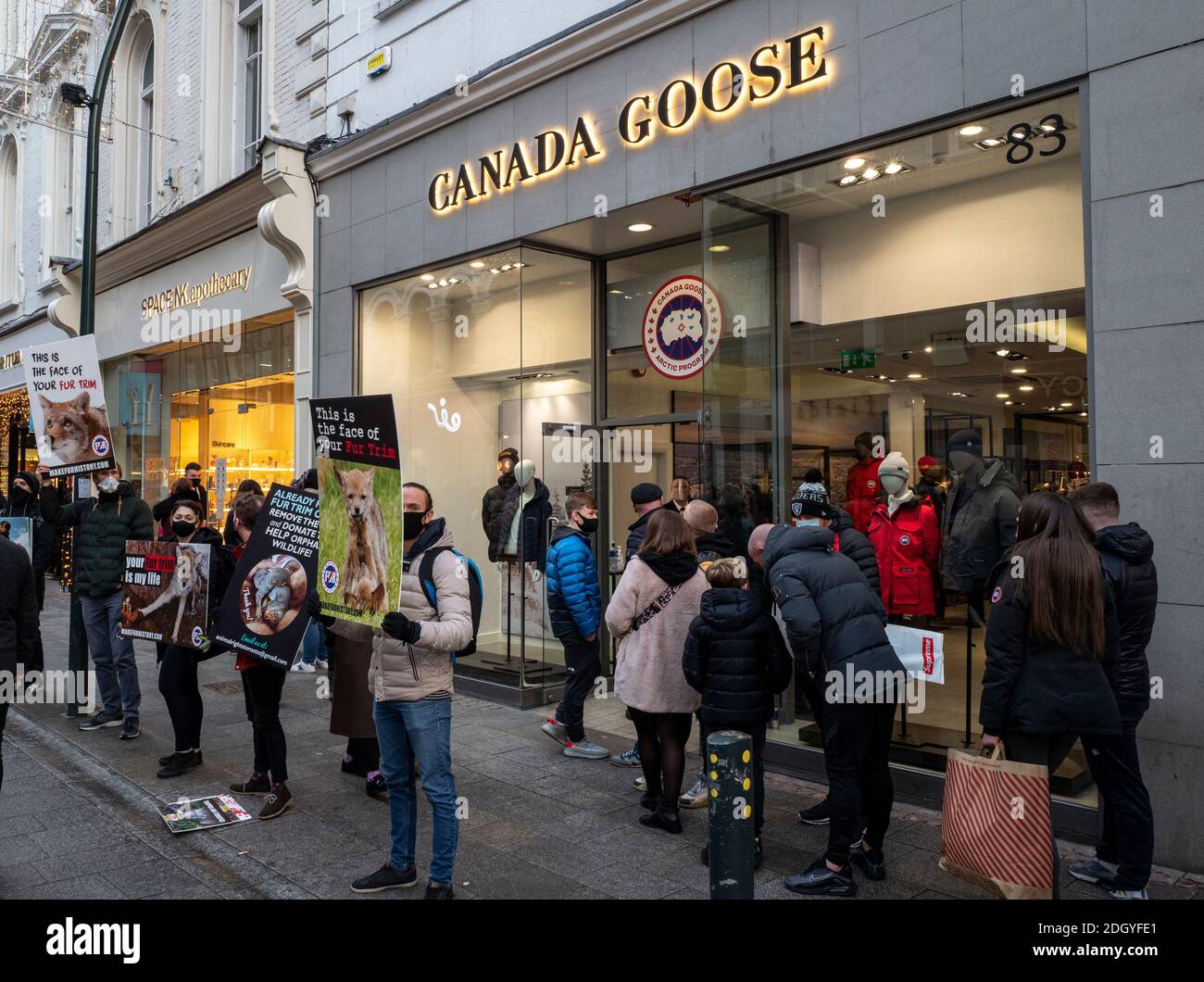 Anti-fur protesters outside Canada Goose store on Grafton Street in Dublin, Ireland Stock Photo