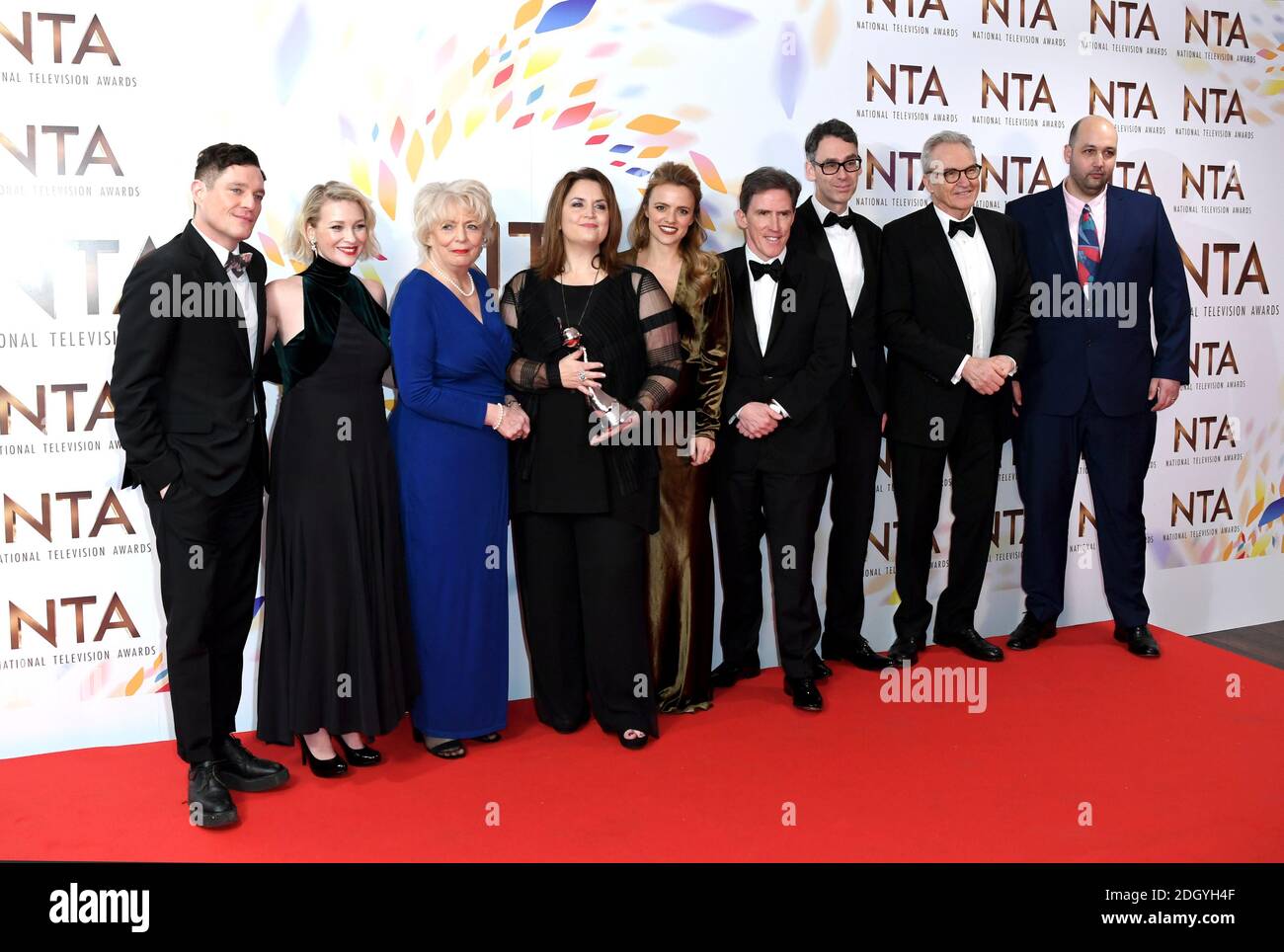 (left to right) Mathew Horne, Joanna Page, Alison Steadman, Ruth Jones, Laura Aikman, Rob Brydon, Robert Wilfort, Larry Lamb and guest with the impact award in the Press Room at the National Television Awards 2020 held at the O2 Arena, London. Photo credit should read: Doug Peters/EMPICS Stock Photo