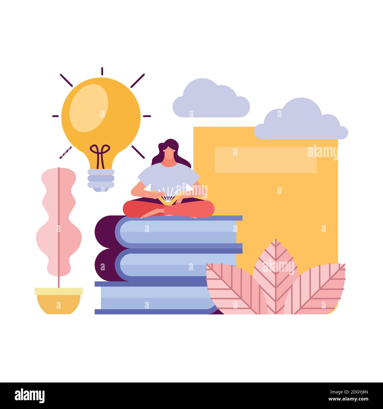 young woman seated in books creative character vector illustration design Stock Vector