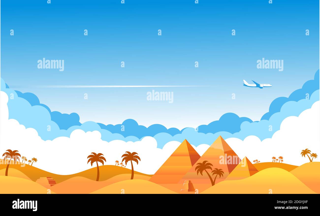 Blue sky with clouds and an airplane flying over yellow sandy desert. Airliner over an oasis in desert with palm trees and pyramids. Illustration, vec Stock Vector