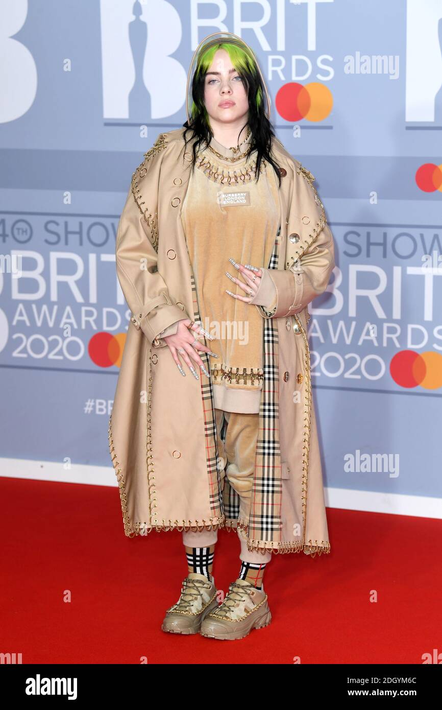 Billie Eilish arriving for the Brit Awards 2020 at the O2 Arena, London. Photo credit should read: Doug Peters/EMPICS Stock Photo