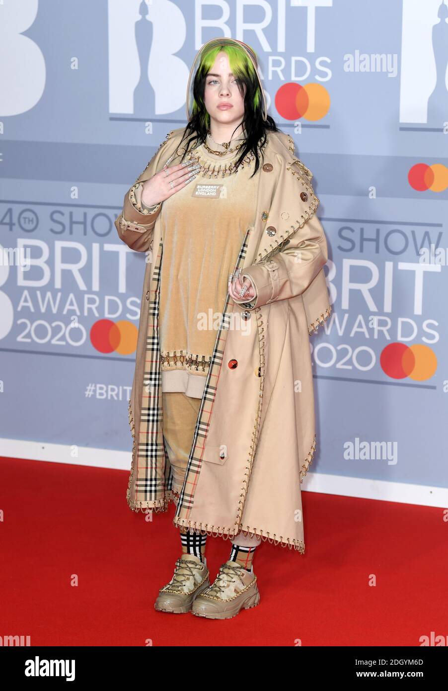 Billie Eilish arriving for the Brit Awards 2020 at the O2 Arena, London. Photo credit should read: Doug Peters/EMPICS Stock Photo