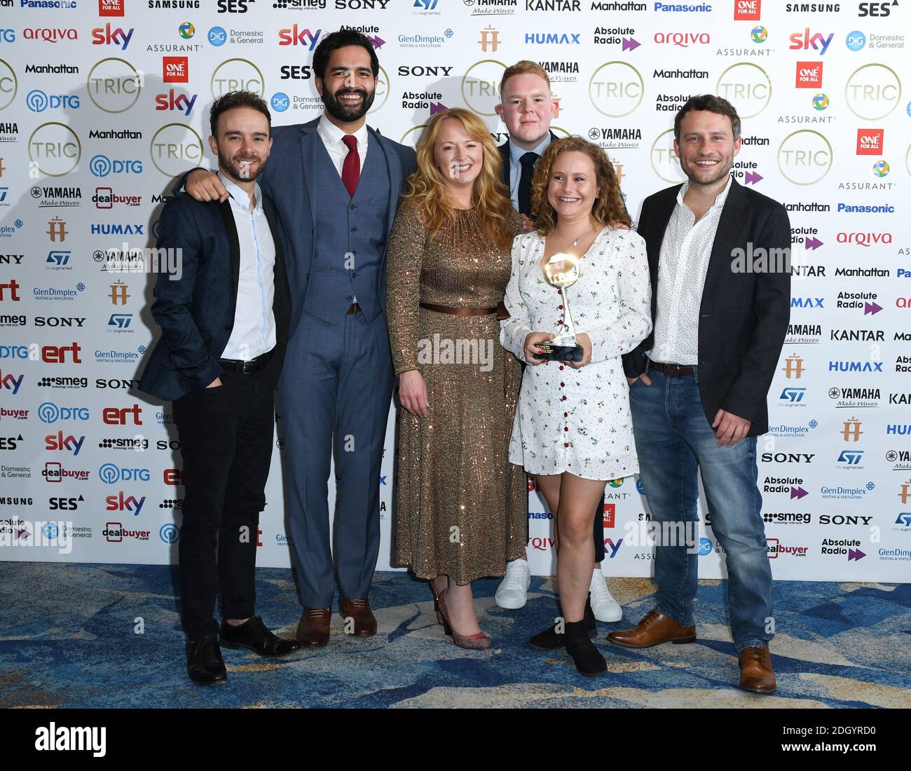 The cast of Coronation Street with the award for Soap of the Year Sponsored by Assurant. Jack P. Shepherd, Charlie De Melo, Sally Ann Matthews, Dolly-Rose Campbell, Colson Smith and Peter Ash (left to right) attending the TRIC Awards 2020 held at the Grosvenor Hotel, London. Picture credit should read: Doug Peters/EMPICS Stock Photo