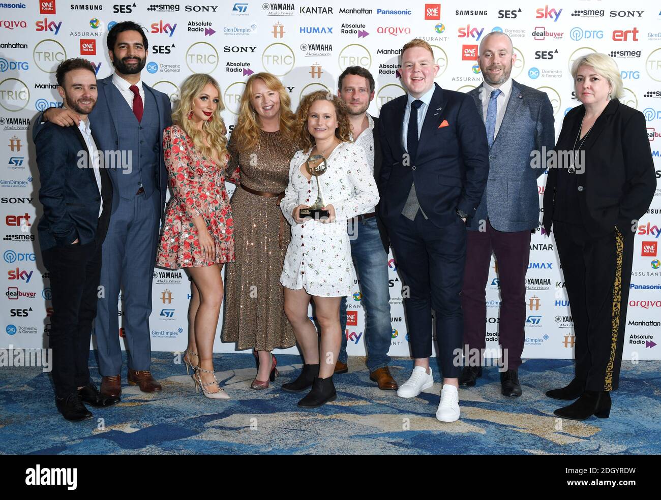 The cast of Coronation Street with the award for Soap of the Year Sponsored by Assurant. Jack P. Shepherd, Charlie De Melo, Sally Ann Matthews, Dolly-Rose Campbell, Colson Smith and Peter Ash (left to right) attending the TRIC Awards 2020 held at the Grosvenor Hotel, London. Picture credit should read: Doug Peters/EMPICS Stock Photo