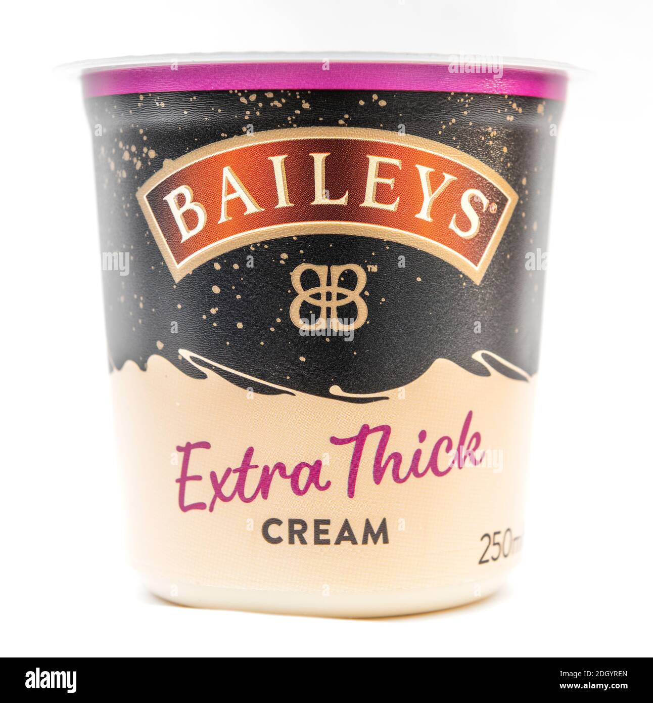 Plastic carton of baileys extra thick cream close up against a white background Stock Photo