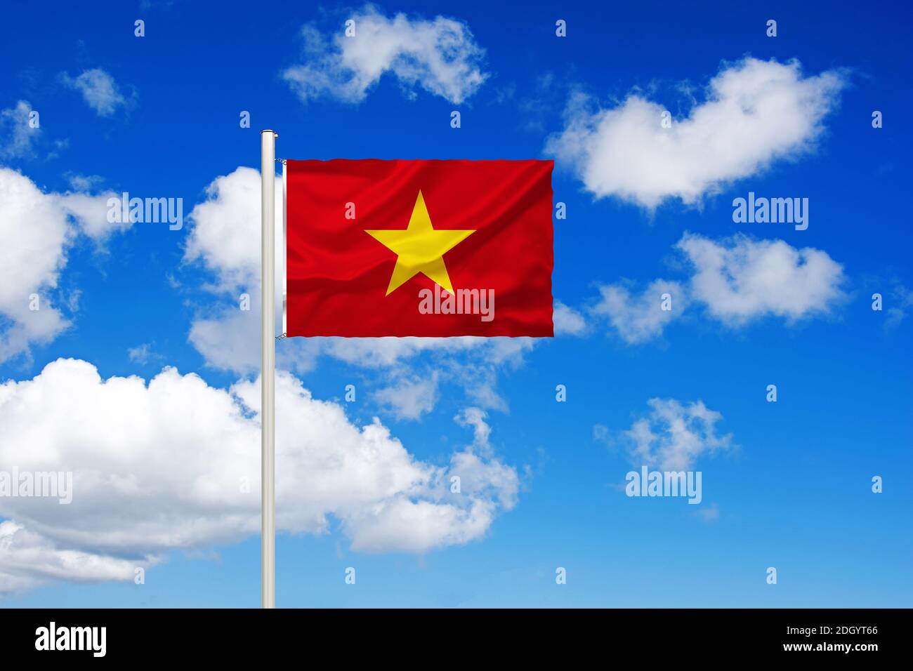 Nationalfahne, Nationalflagge, Fahne, Flagge, Flaggenmast, Cumulus Wolken vor blauen Himmel, Stock Photo