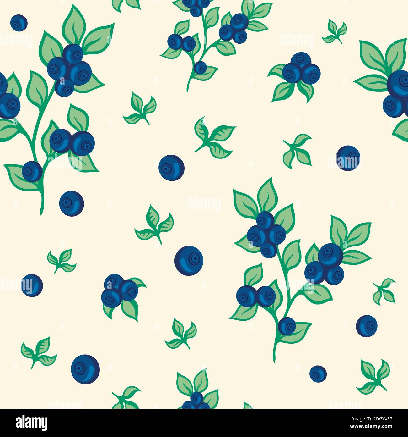 seamless pattern blueberries and leaves on beige background. Stock Vector