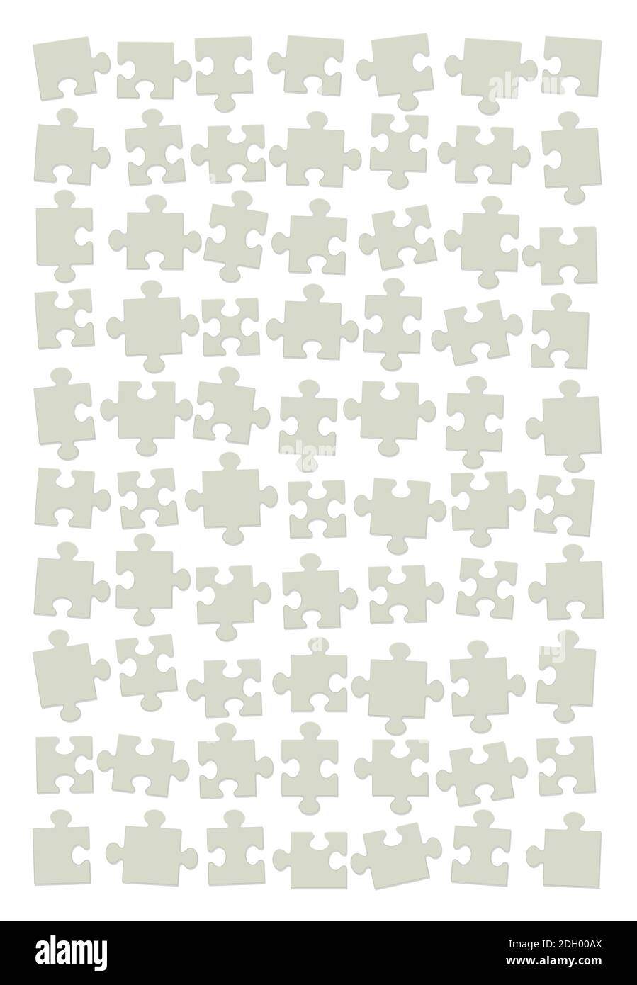 Jigsaw puzzle back side. Scattered, shuffled, and assorted green cardboard pieces, but not put together yet - illustration on white background. Stock Photo