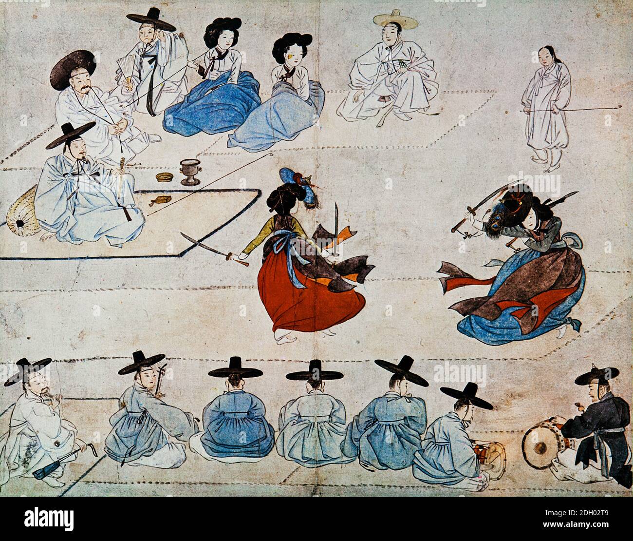 HEWON,SHIN YUN BOK,KANSONG MUSEUM,KOREAN CUSTOM PICTURE 17, COURTESANS' SWORD-DANCE,쌍검대무,혜원,신윤복,혜원전신첩,풍속화첩 Stock Photo