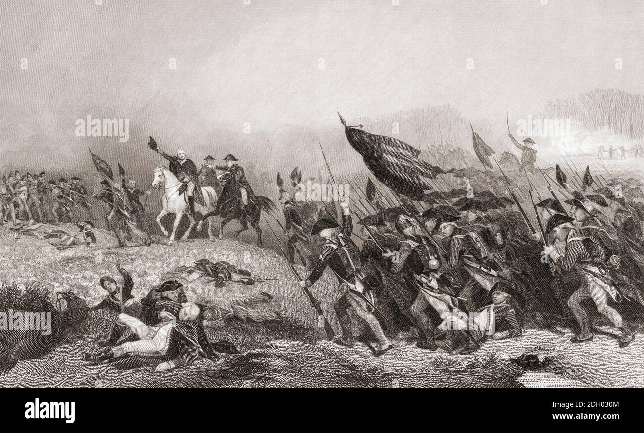 George Washington encourages his troops at the Battle of Princeton, January 3, 1777 during the American Revolutionary War.  from a 19th century engraving after a work by Alonso Chappel. Stock Photo