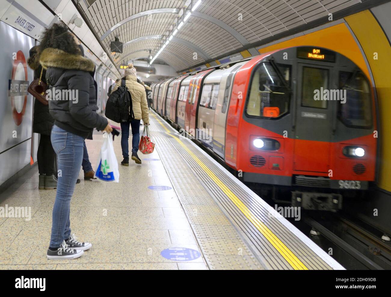 London, England, UK. Baker Street underground station, train arriving at the platform Stock Photo