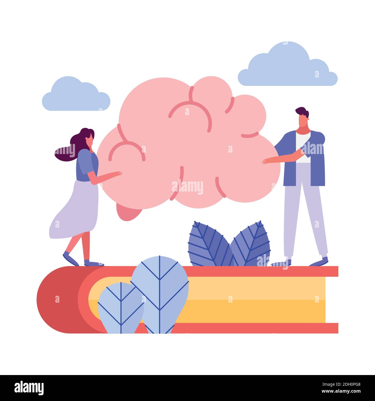 young couple lifting brain in book creative people characters vector illustration design Stock Vector