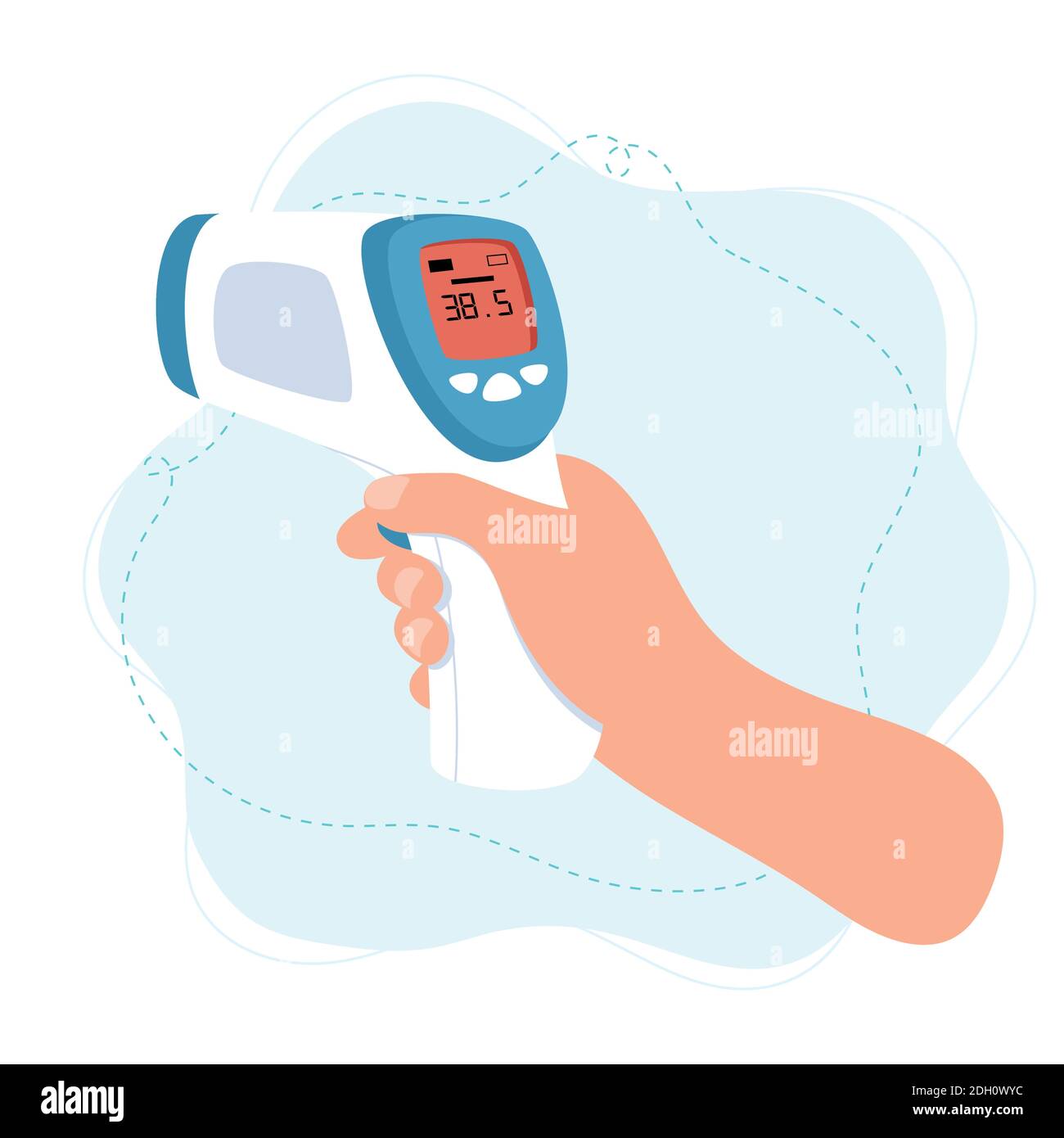 Body temperature check, hand holding infrared thermometer. Stock Vector