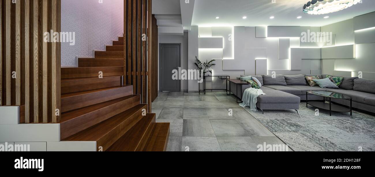 Contemporary interior of luxury apartment. Spacious living room with ...