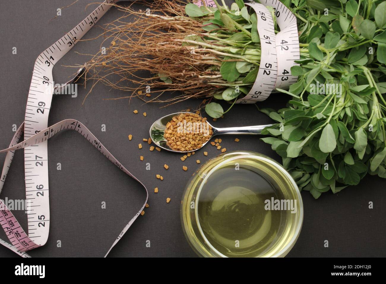 Close up of Fenugreek with its seeds and powder and the extracted water. It helps in numerous digestive problems etc. Stock Photo