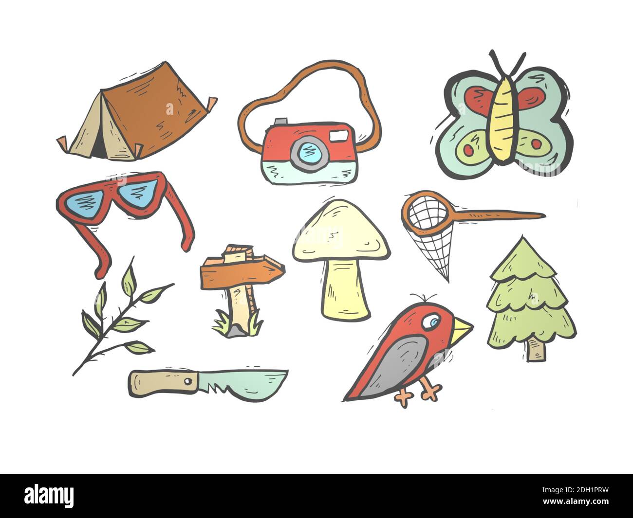 Multiple camping objects and logo on white background - 3d rendering ...