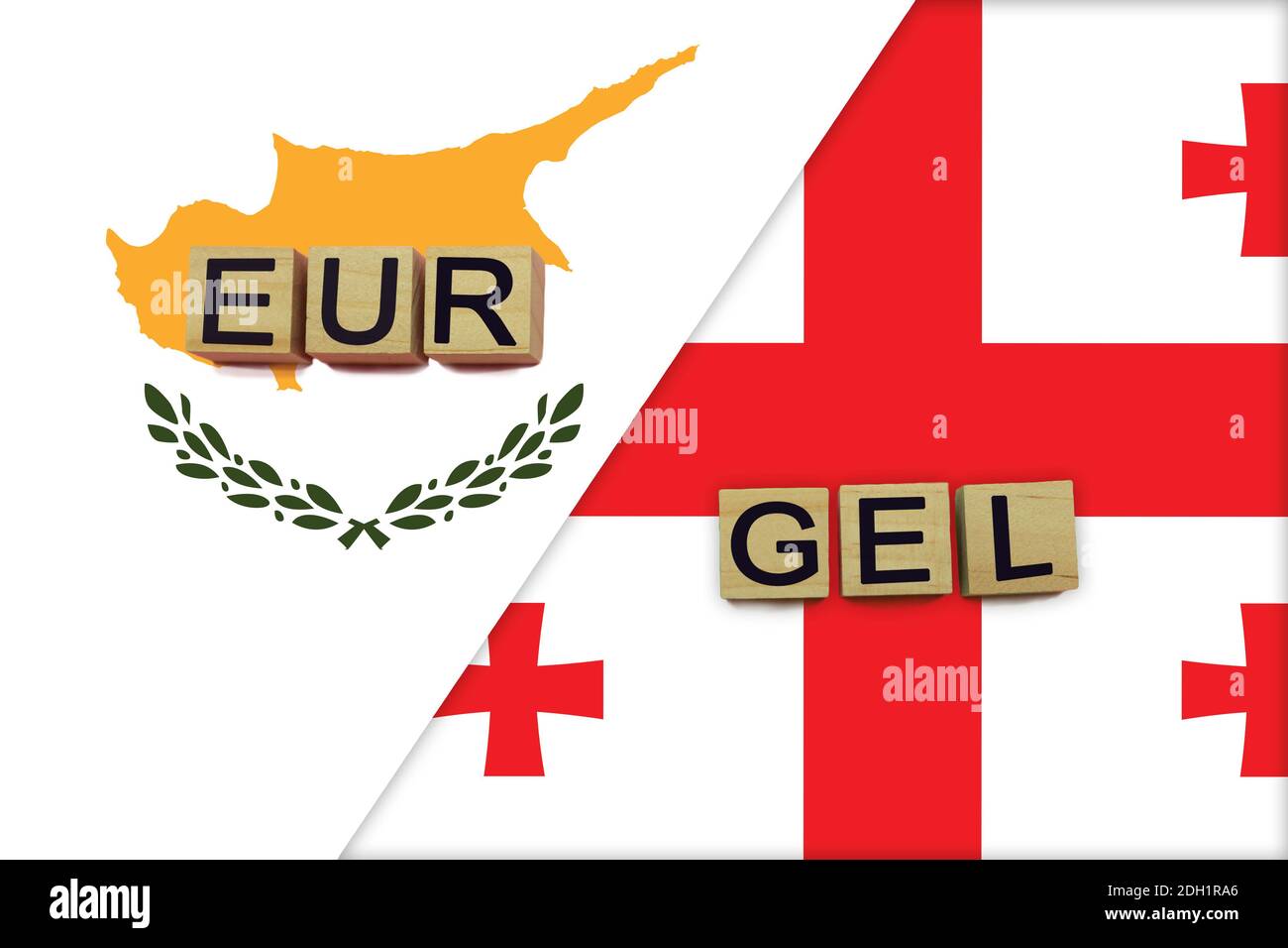 Cyprus and Georgia currencies codes on national flags background. International money transfer concept Stock Photo