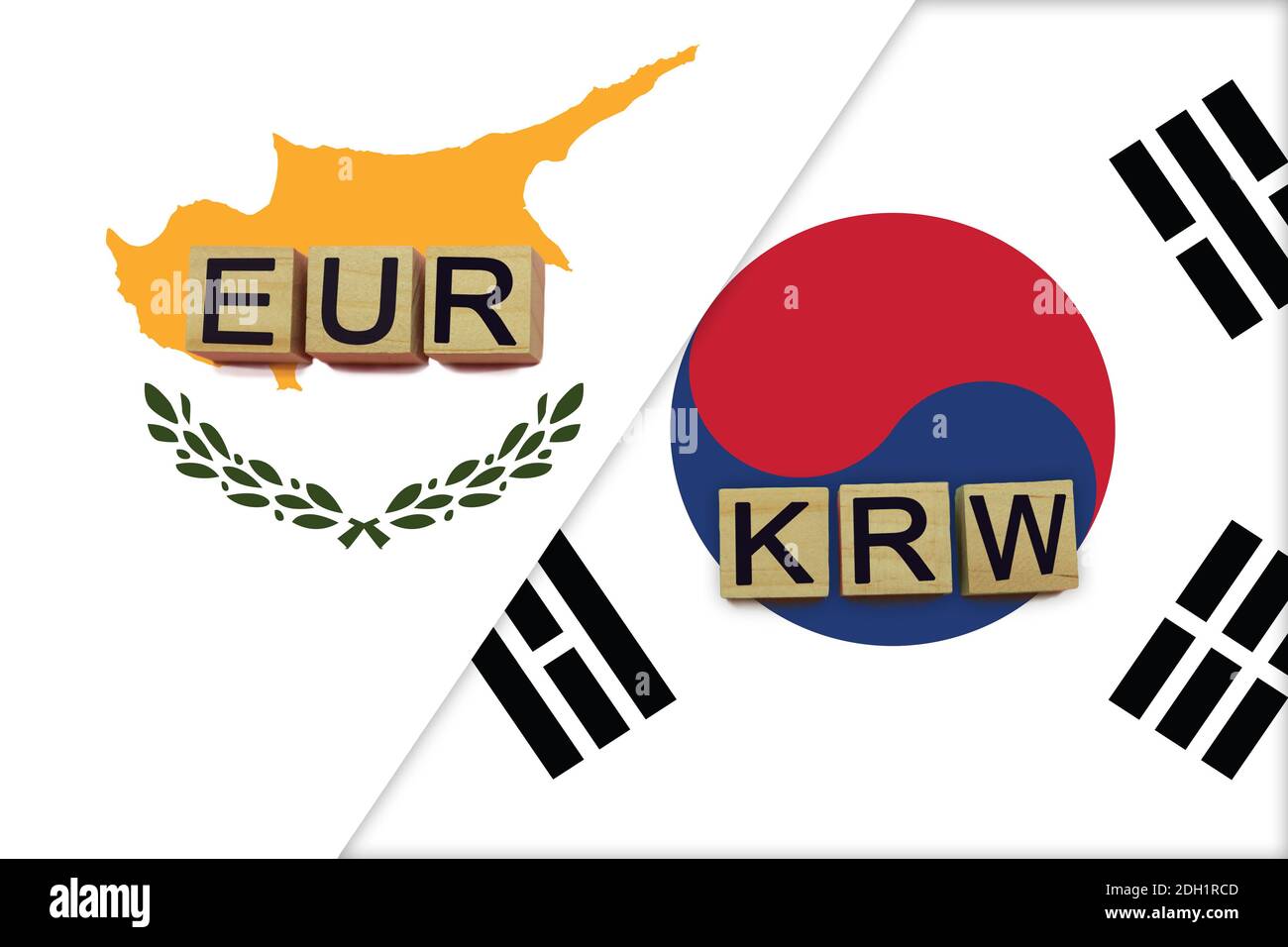 Cyprus and South Korea currencies codes on national flags background. International money transfer concept Stock Photo