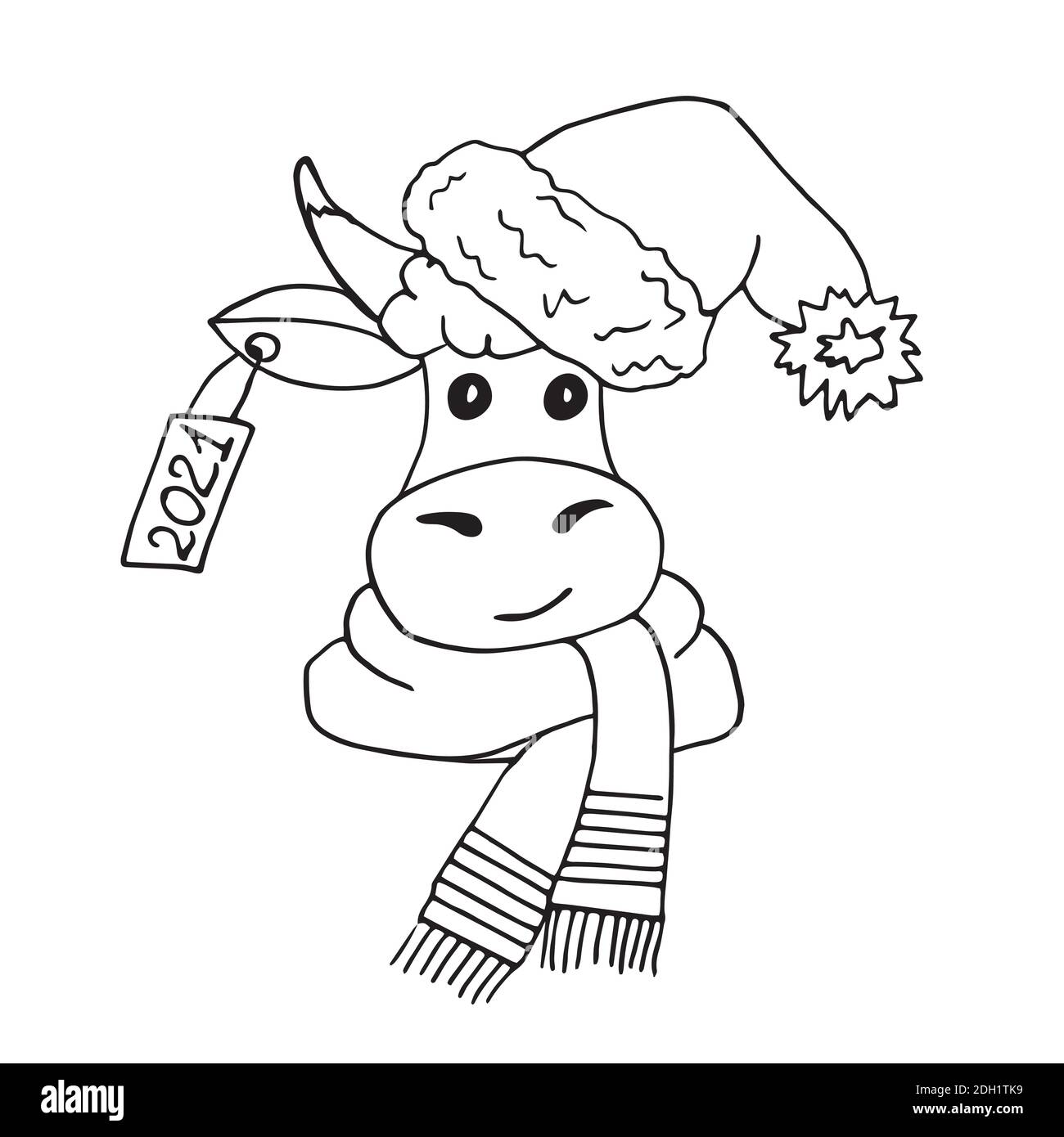 Symbol of the year. Cute bull in a Christmas hat. Contour drawing. Vector Stock Vector