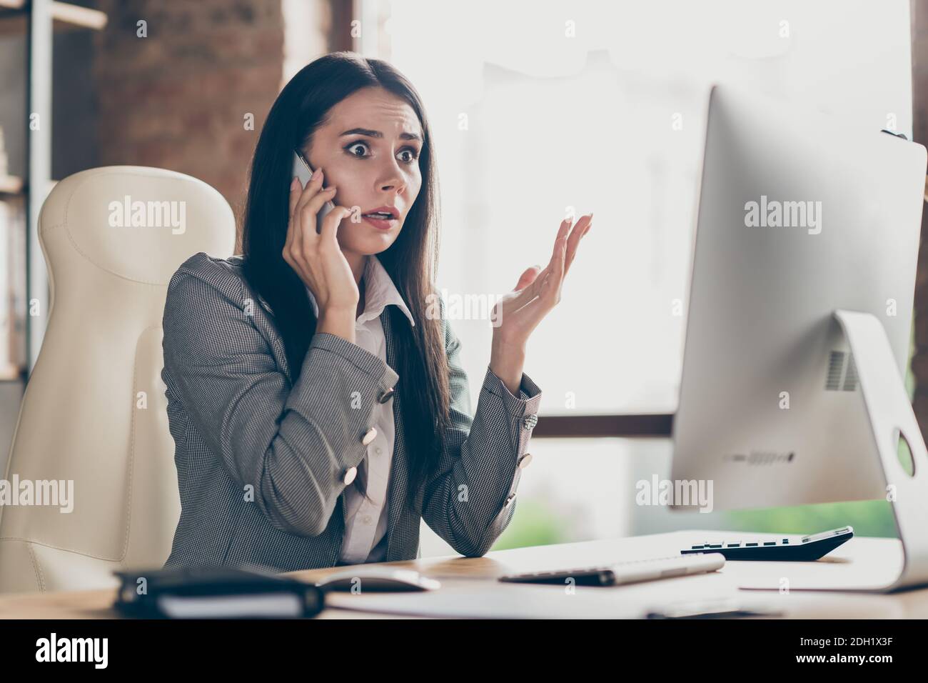 Collared Call Frustrated girl collar call talk speak smartphone boss listen horrible ...
