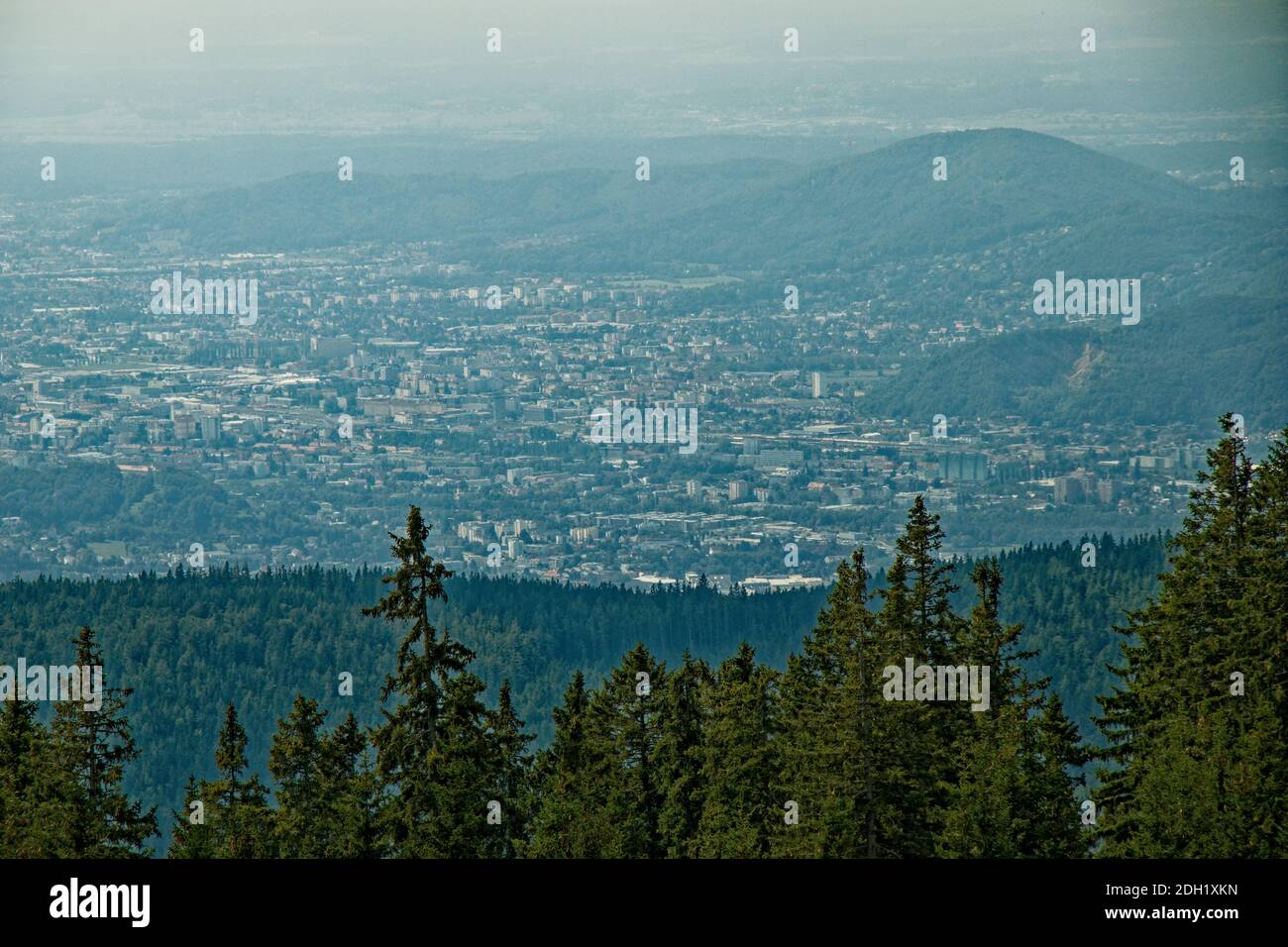 High angle view of the city of Graz from the Schockl mountian Stock Photo