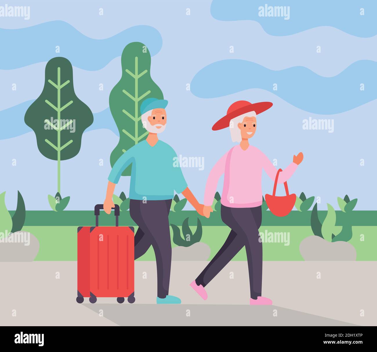 active seniors couple traveling with suitcases vector illustration design Stock Vector