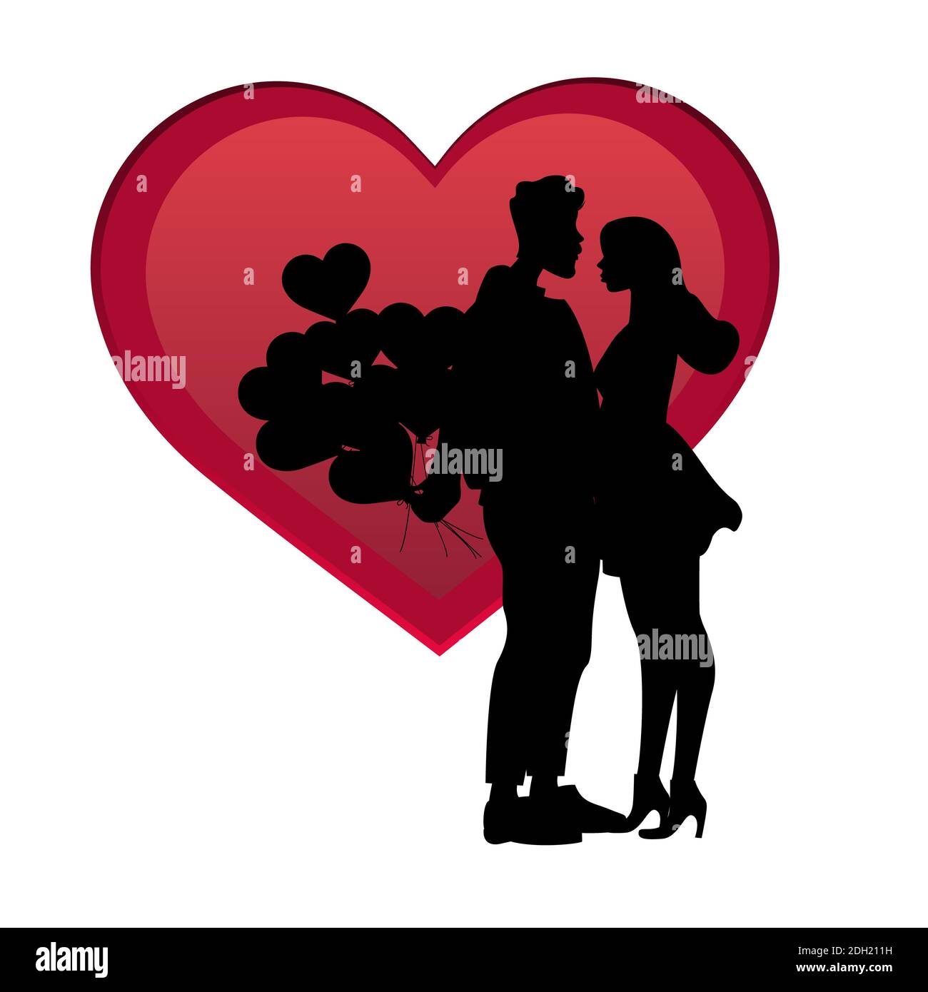 silhouettes of couple with balloons near red heart isolated on white ...