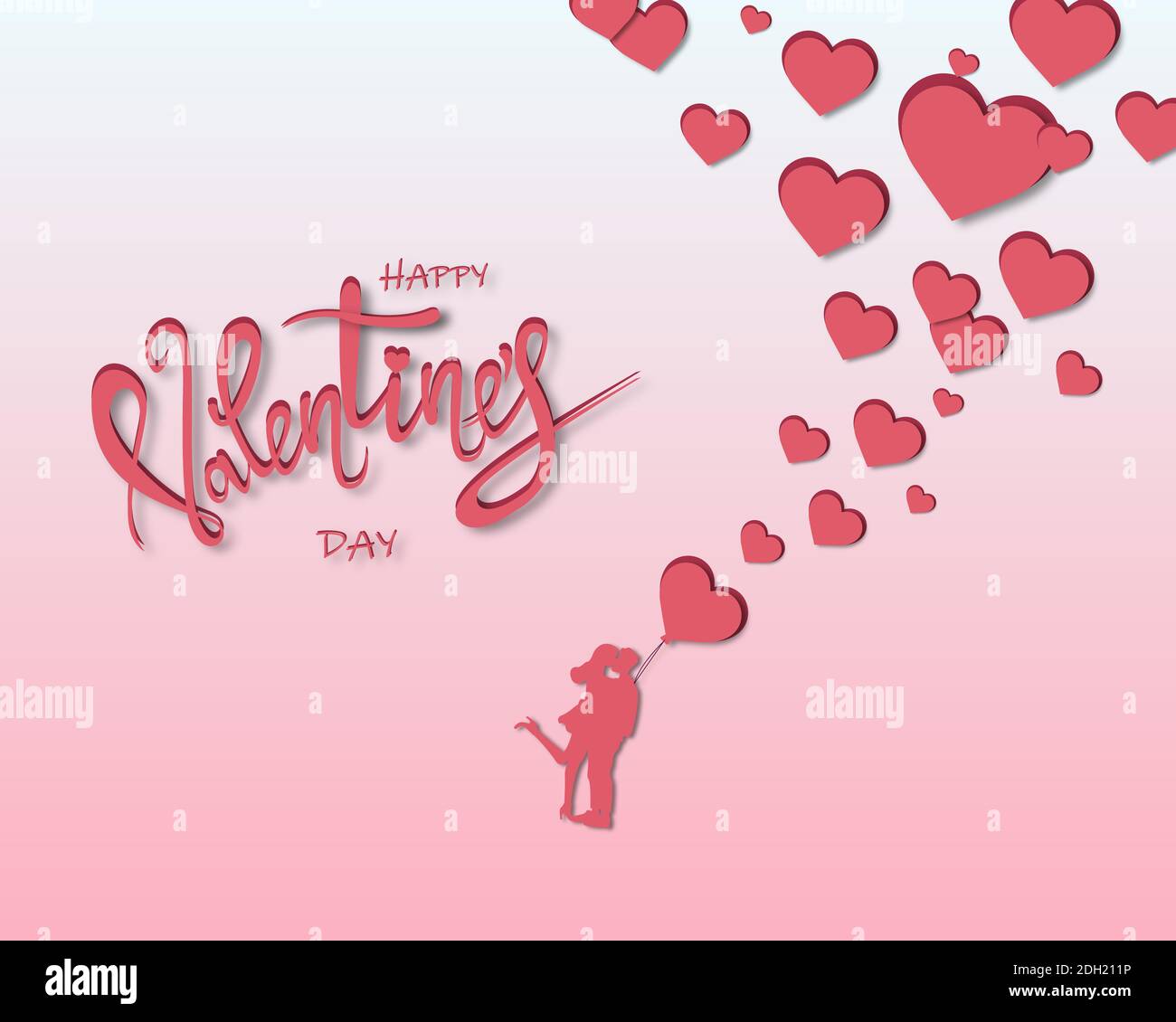 happy valentines day lettering with red hearts and hugging couple ...