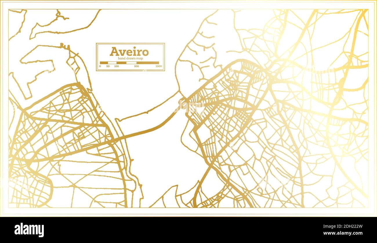 Aveiro Portugal City Map in Retro Style in Golden Color. Outline Map. Vector Illustration. Stock Vector