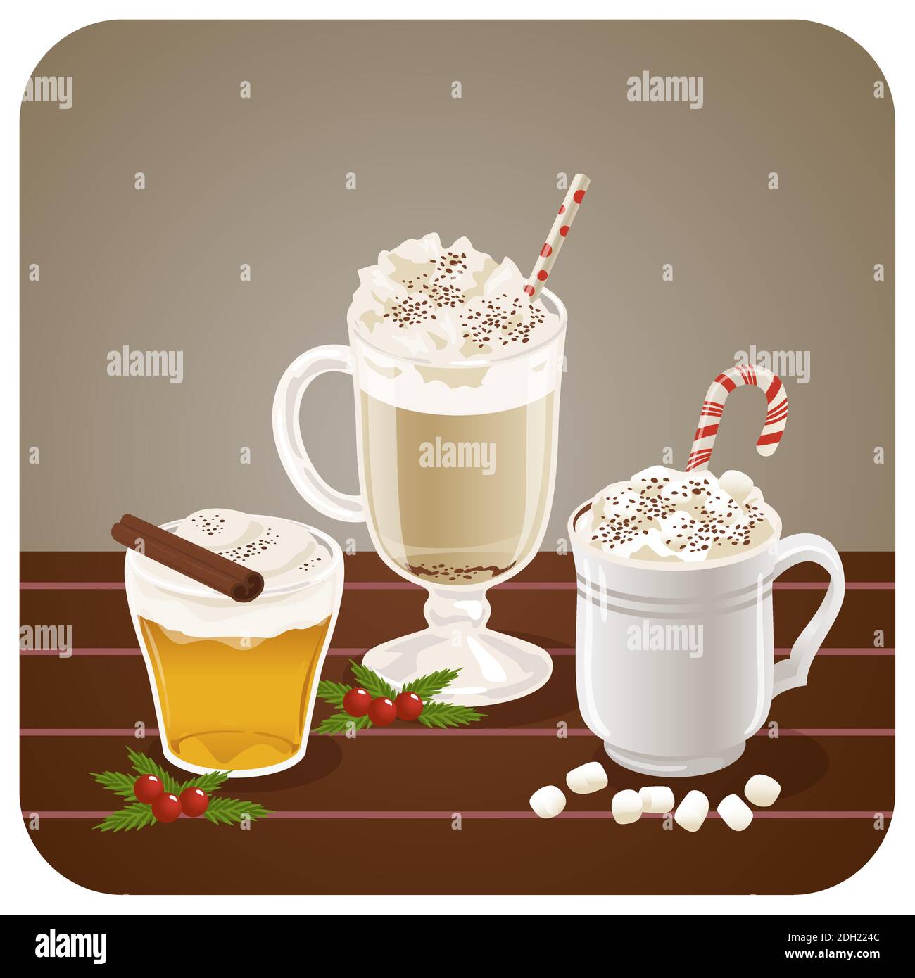 A collection of hot drinks that are often drunk in winter, such as apple cider, hot chocolate with marshmallow or hot coffee, decorated with mistle to Stock Vector