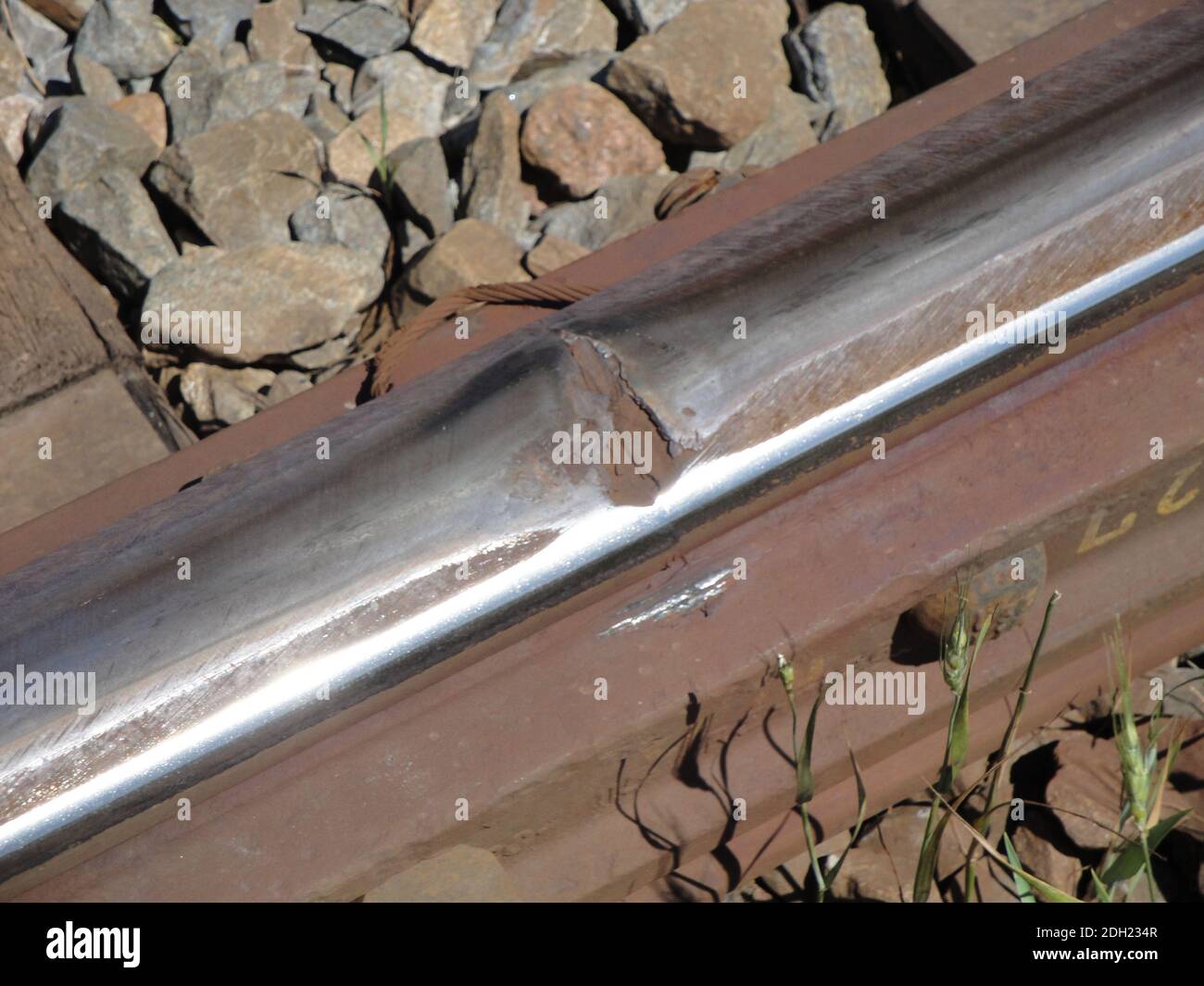 Eroded track in Alberta, Canada. The welding was not well performed. Stock Photo
