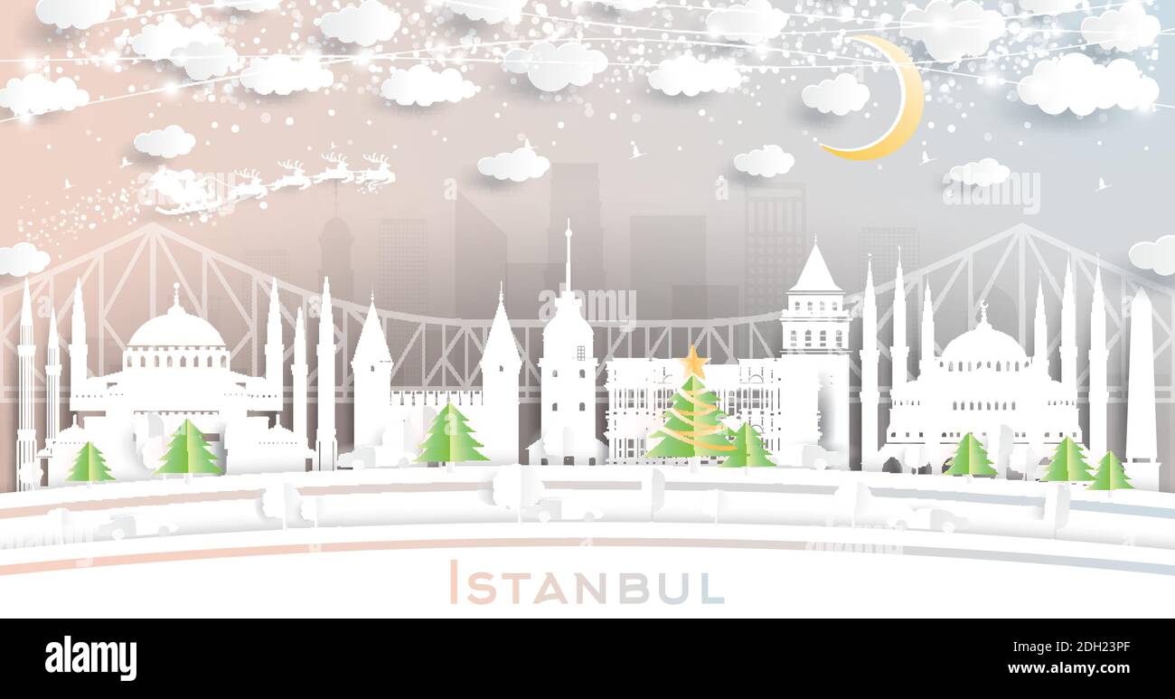 Istanbul Turkey City Skyline in Paper Cut Style with Snowflakes, Moon and Neon Garland. Vector Illustration. Christmas and New Year Concept. Stock Vector