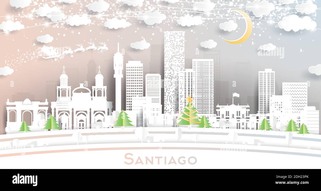 Santiago Chile City Skyline in Paper Cut Style with Snowflakes, Moon and Neon Garland. Vector Illustration. Christmas and New Year Concept. Santa Clau Stock Vector