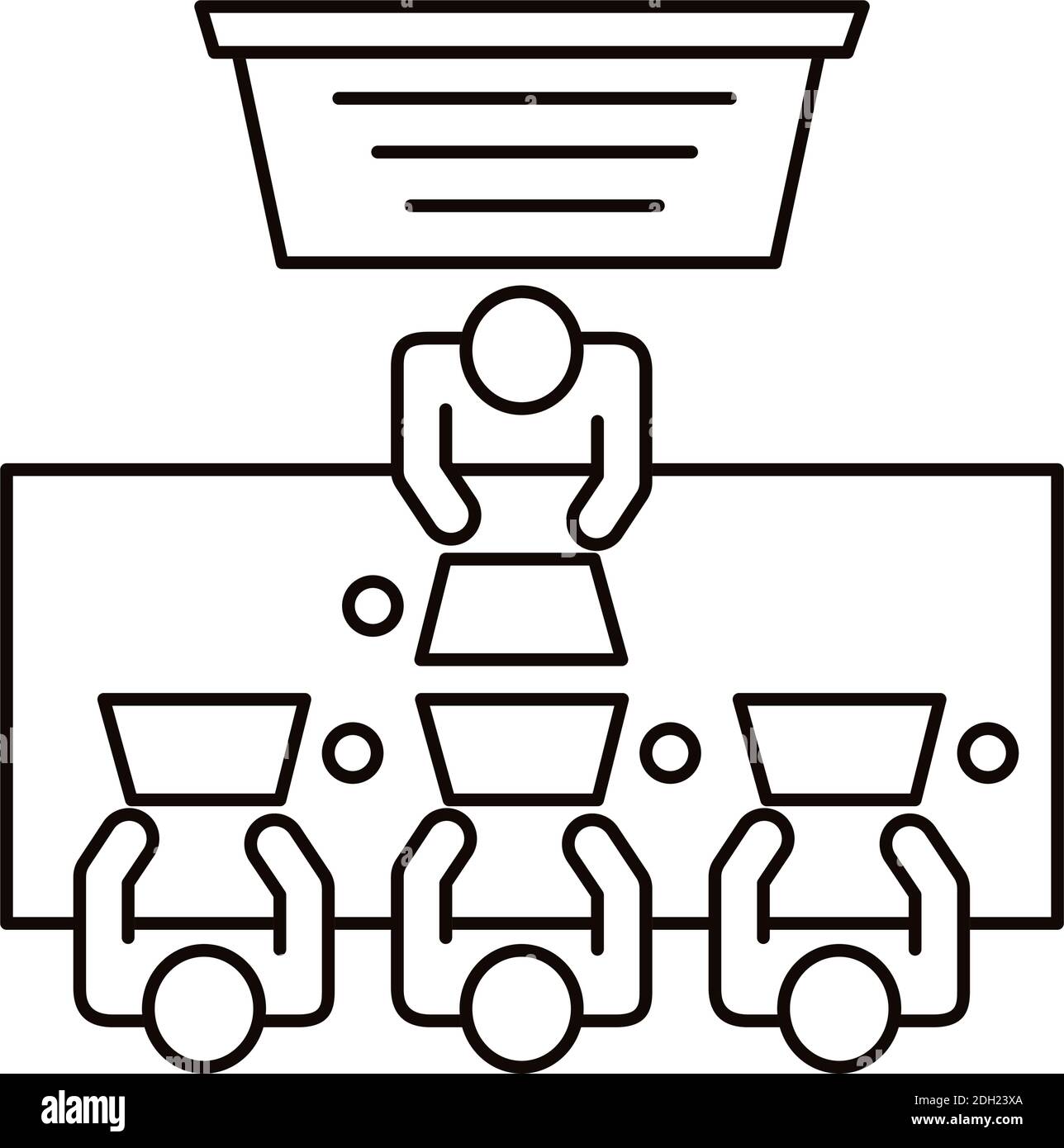 four workers seated in table with computers coworking line style icon ...