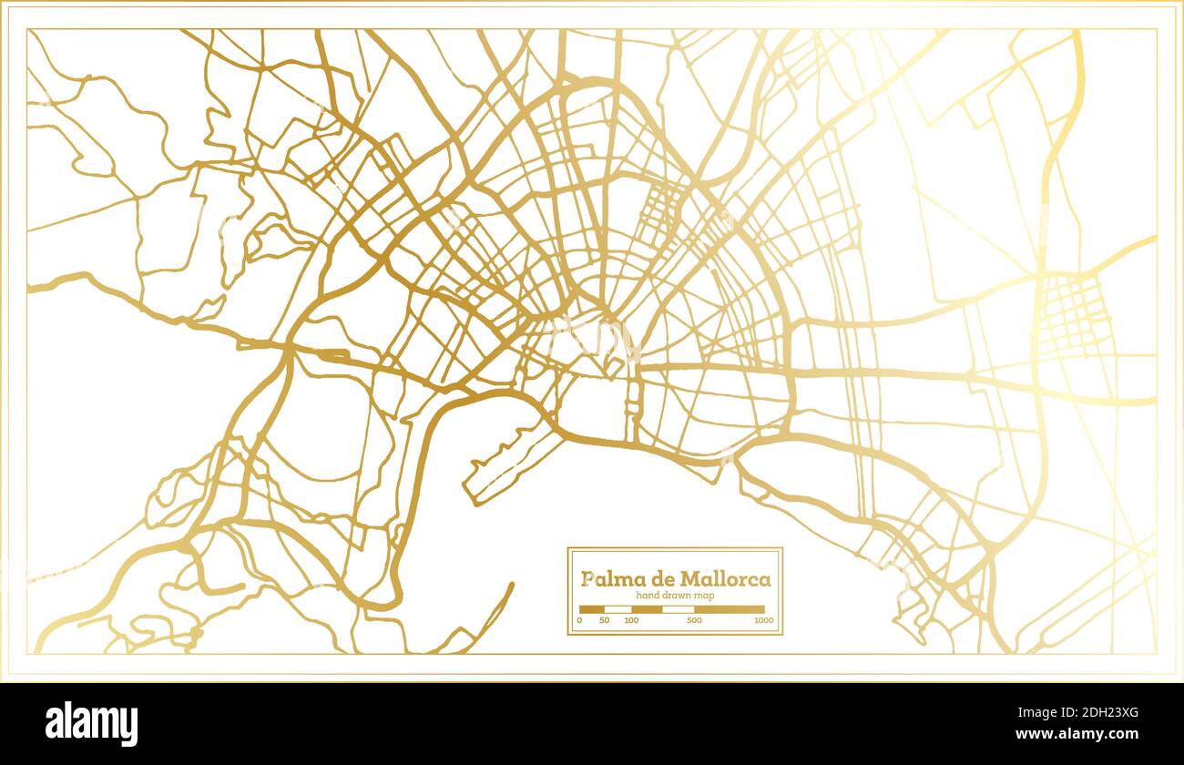 Palma de Mallorca Spain City Map in Retro Style in Golden Color. Outline Map. Vector Illustration. Stock Vector