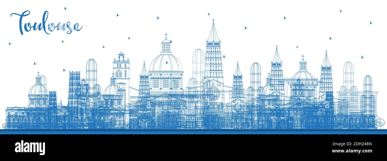 Outline Toulouse France City Skyline with Blue Buildings. Vector
