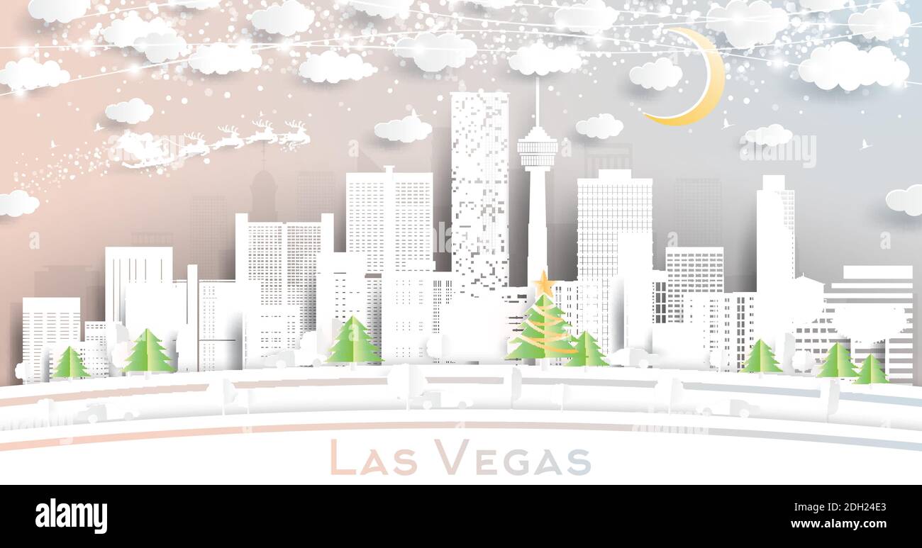 Las Vegas Nevada USA City Skyline in Paper Cut Style with Snowflakes, Moon and Neon Garland. Vector Illustration. Christmas and New Year Concept. Stock Vector