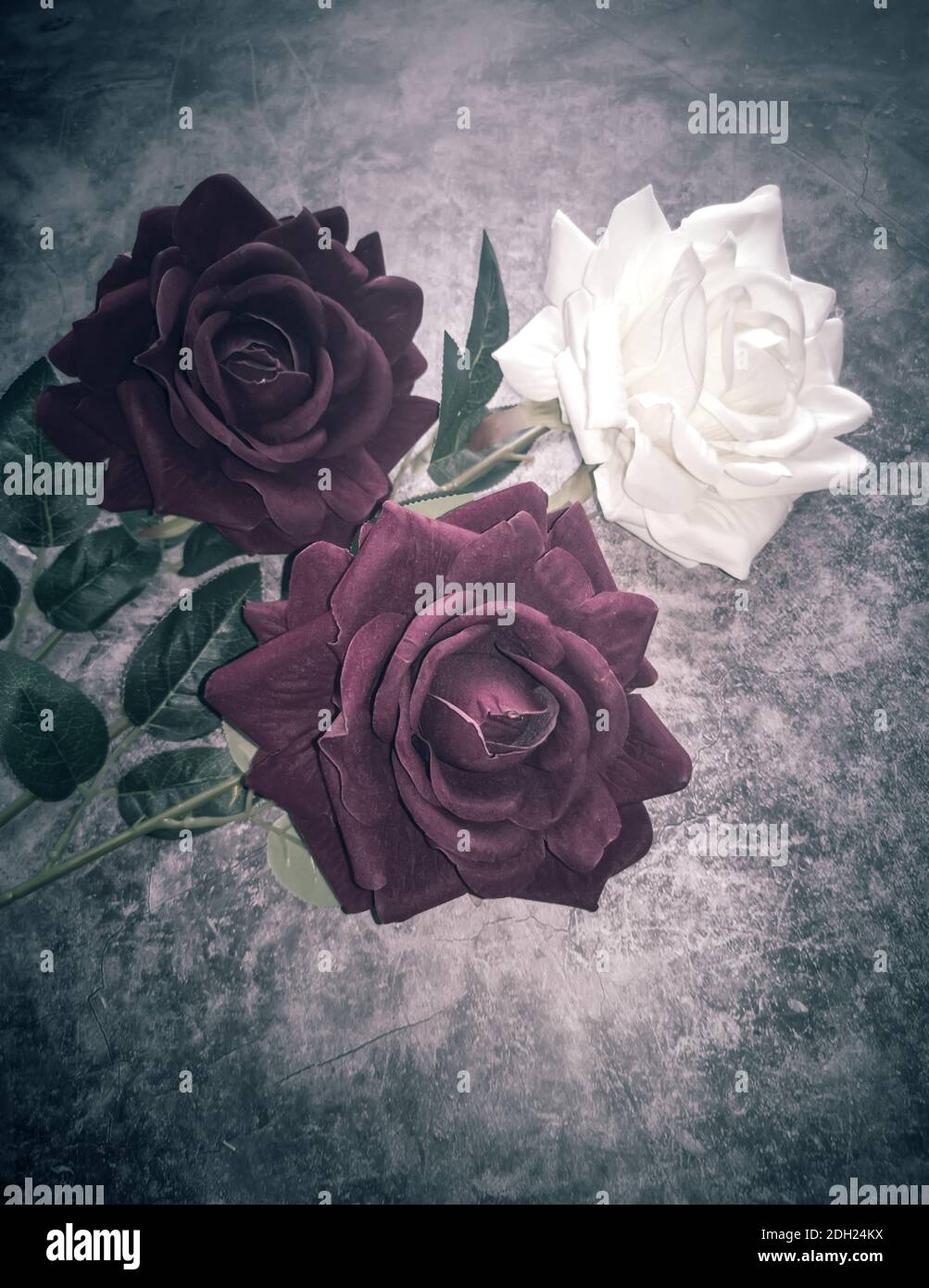 Artificial flowers: three roses on a dark background Stock Photo